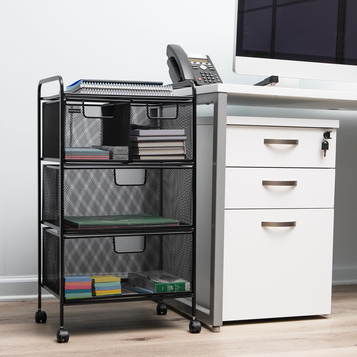 MIND READER Metal Mesh Rolling Storage Cart with Removable Drawers