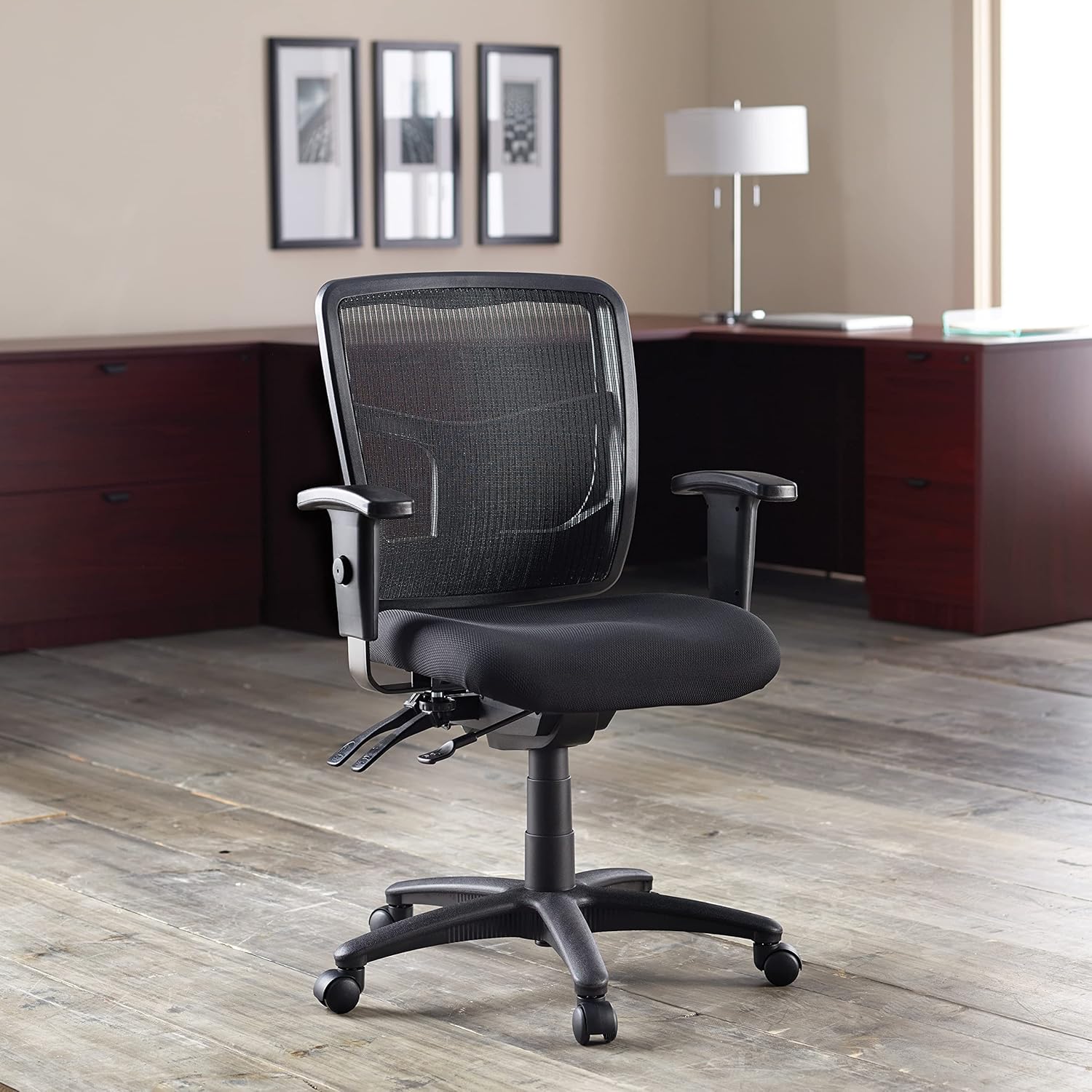 Lorell, LLR86201, ErgoMesh Series Managerial Mid-Back Chair Black Mesh Back/ Black Fabric Seat