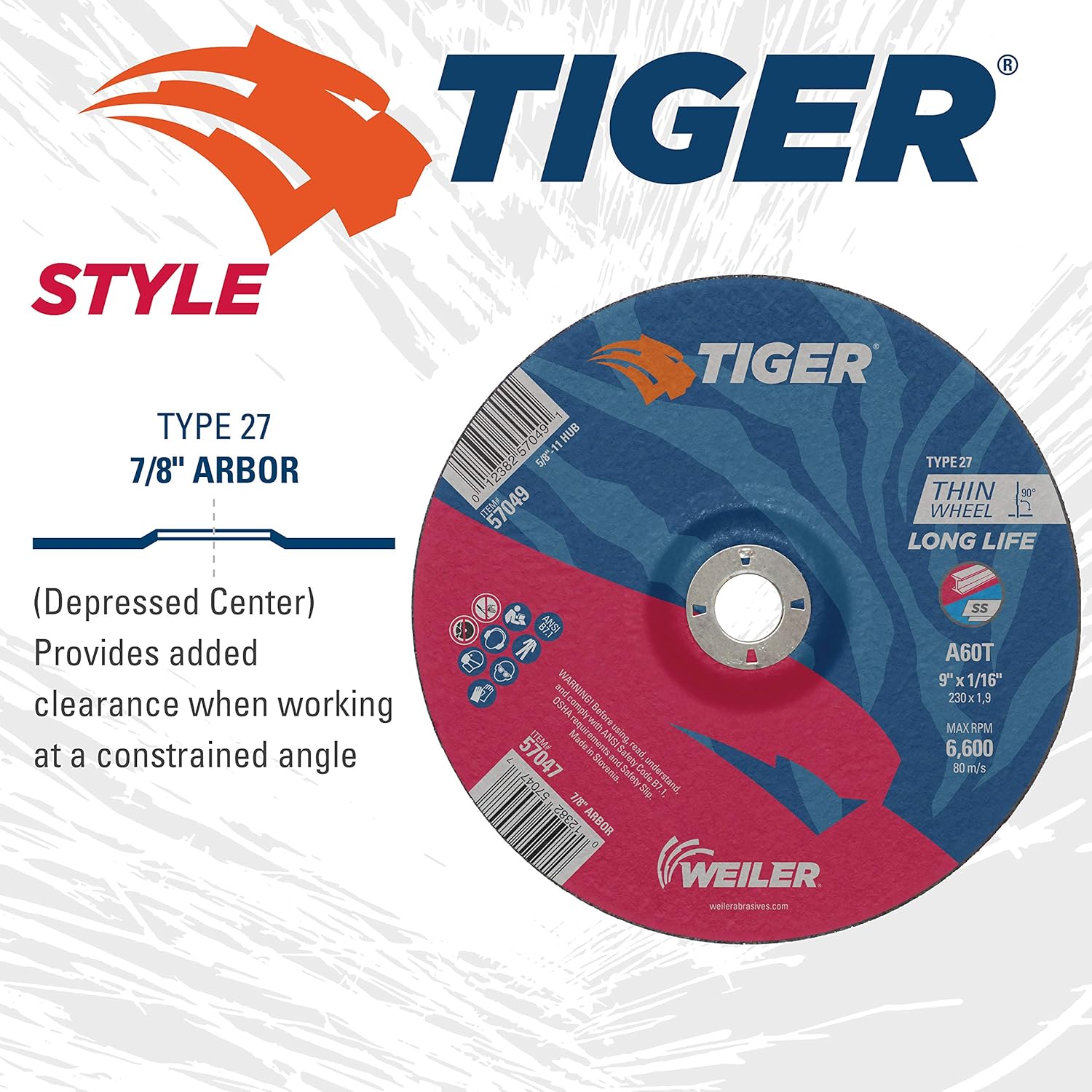 Weiler 57047 9 Inch Cutting Wheel, Tiger AO Steel/Metal Long Life Performance Cutting, 1/16" A60T Type 27 7/8" Arbor