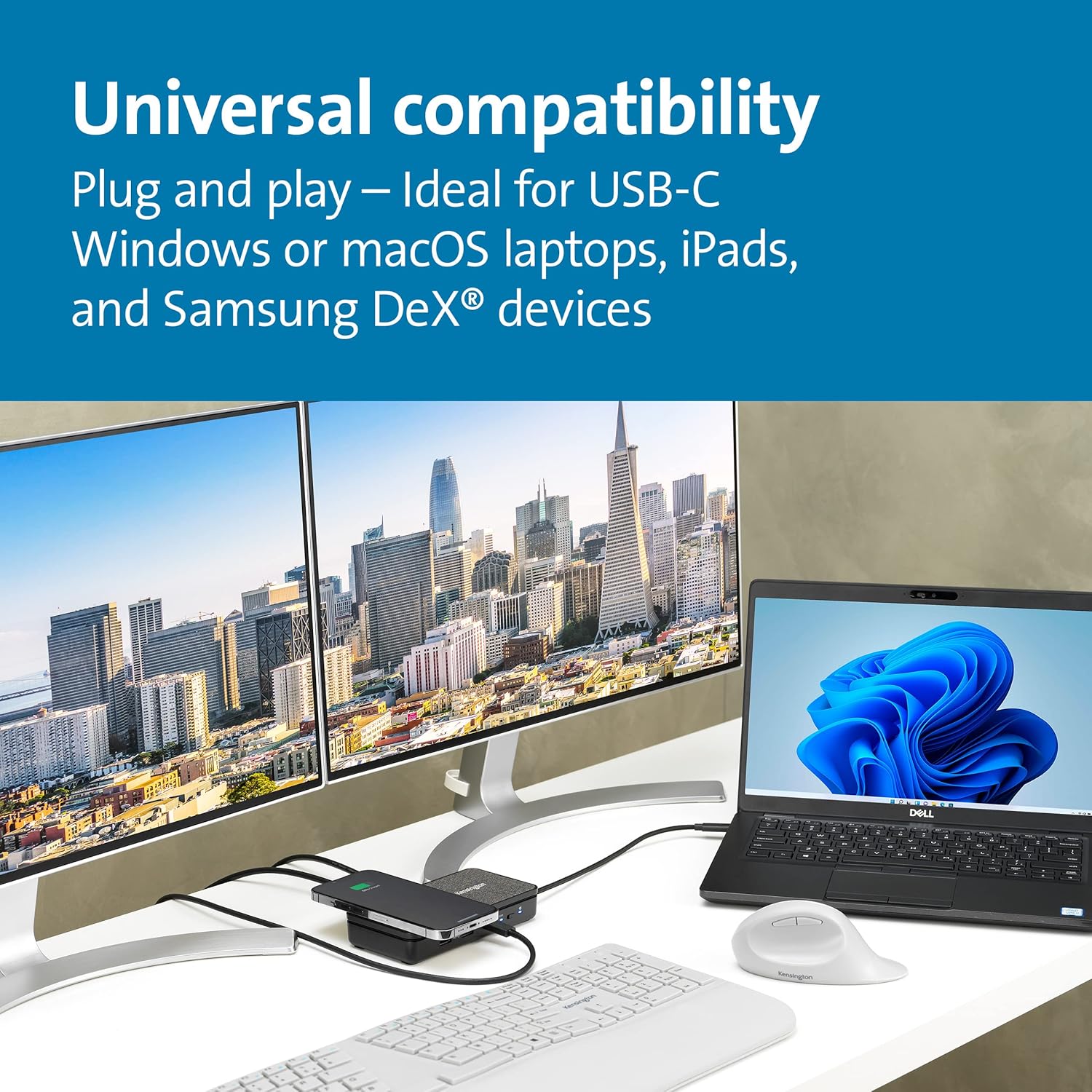 Kensington USB-C Hub with Qi Charging, Dual HDMI 4K@60Hz, 100W PD Pass Through Charging, 1Gbps Ethernet Port