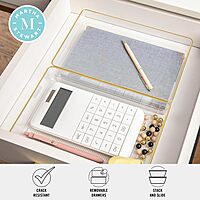 Martha Stewart Kerry Plastic Stackable Office Desk Drawer Organizers with Gold Trim