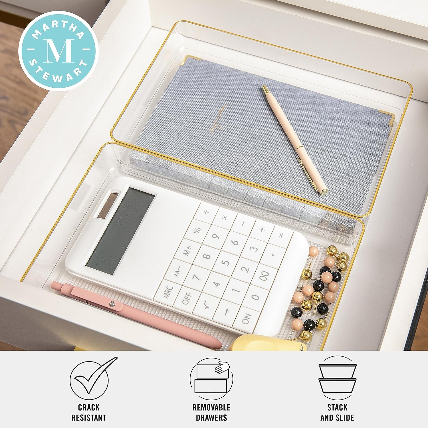 Martha Stewart Kerry Plastic Stackable Office Desk Drawer Organizers with Gold Trim