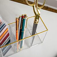 Martha Stewart Kerry Plastic 4 Compartment Pen Holder Office Desktop Organizer, with Gold Trim