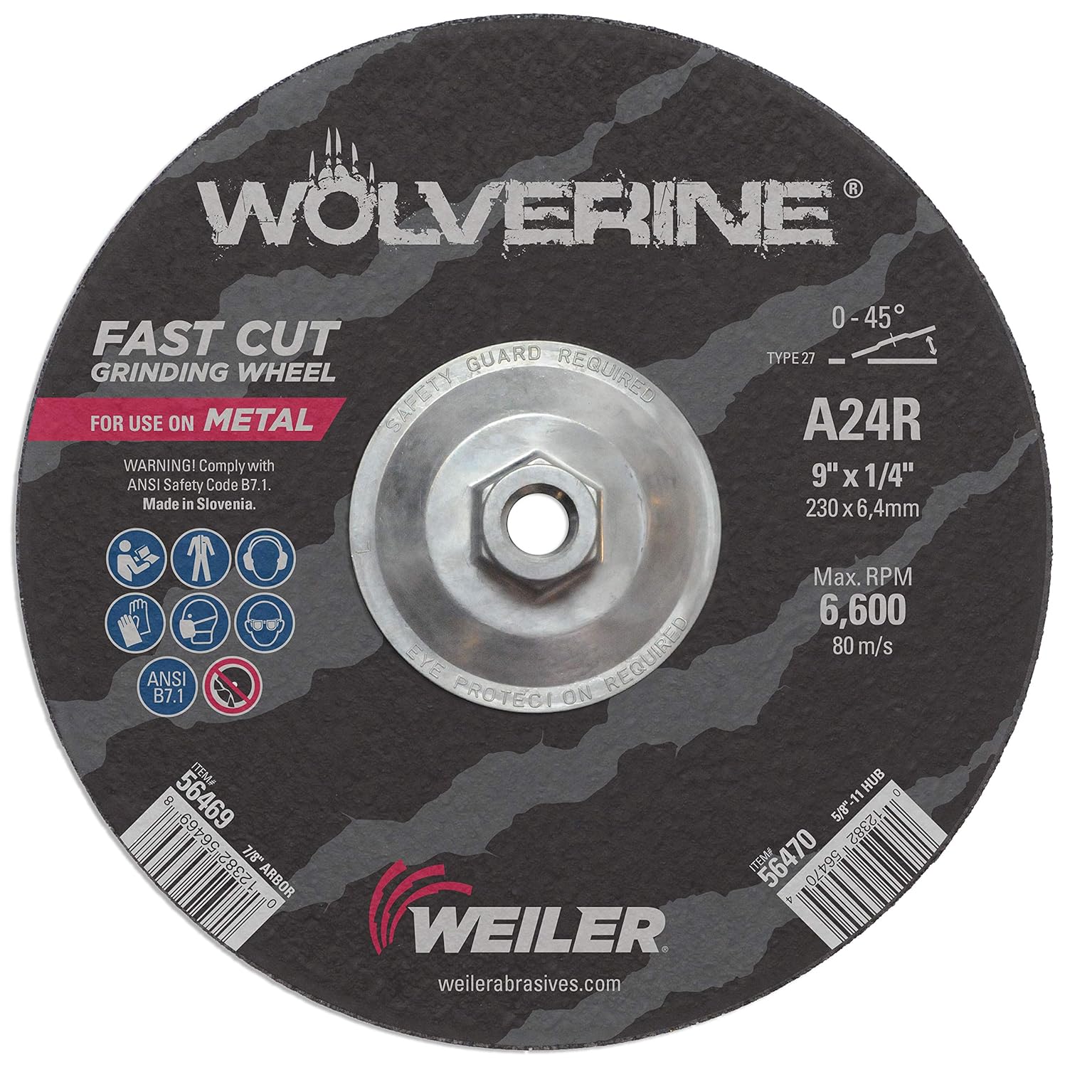 Weiler 56470 9" X 1/4" Wolverine Type 27 Grinding Wheel, A24R, 5/8"-11 Nut (Pack of 10)