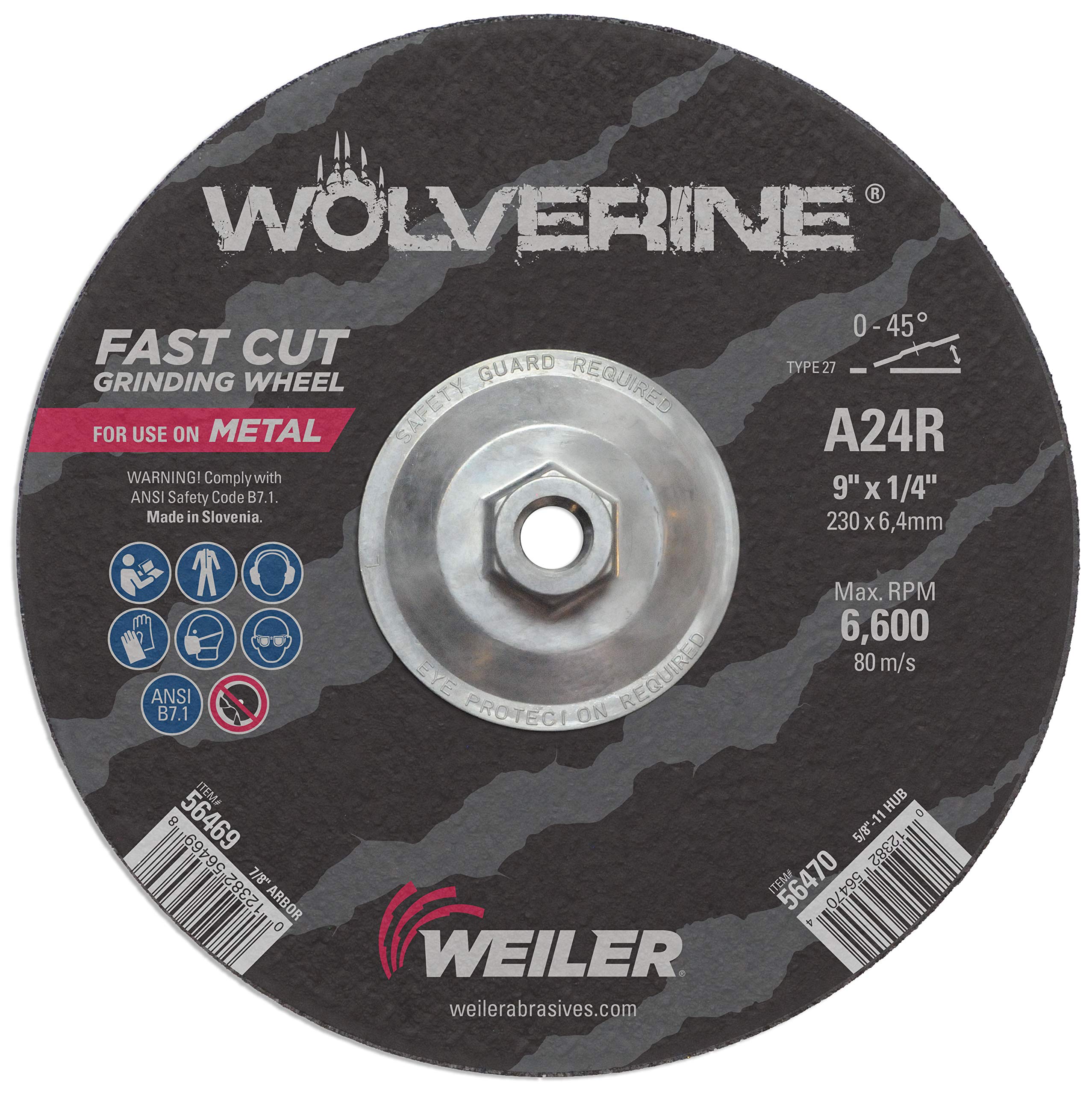 Weiler 56470 9" X 1/4" Wolverine Type 27 Grinding Wheel, A24R, 5/8"-11 Nut (Pack of 10)