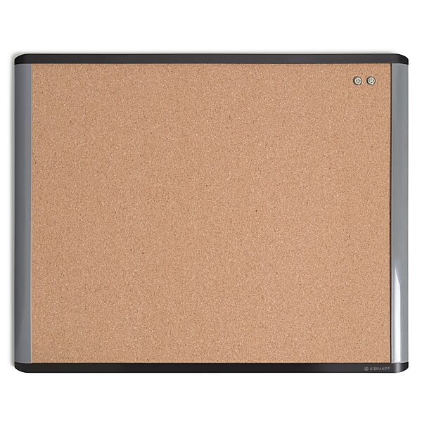 U Brands MOD Cork Bulletin Board, 20"x16", Black and Gray Frame, Industrial Grade Pinning Surface, includes Push Pins