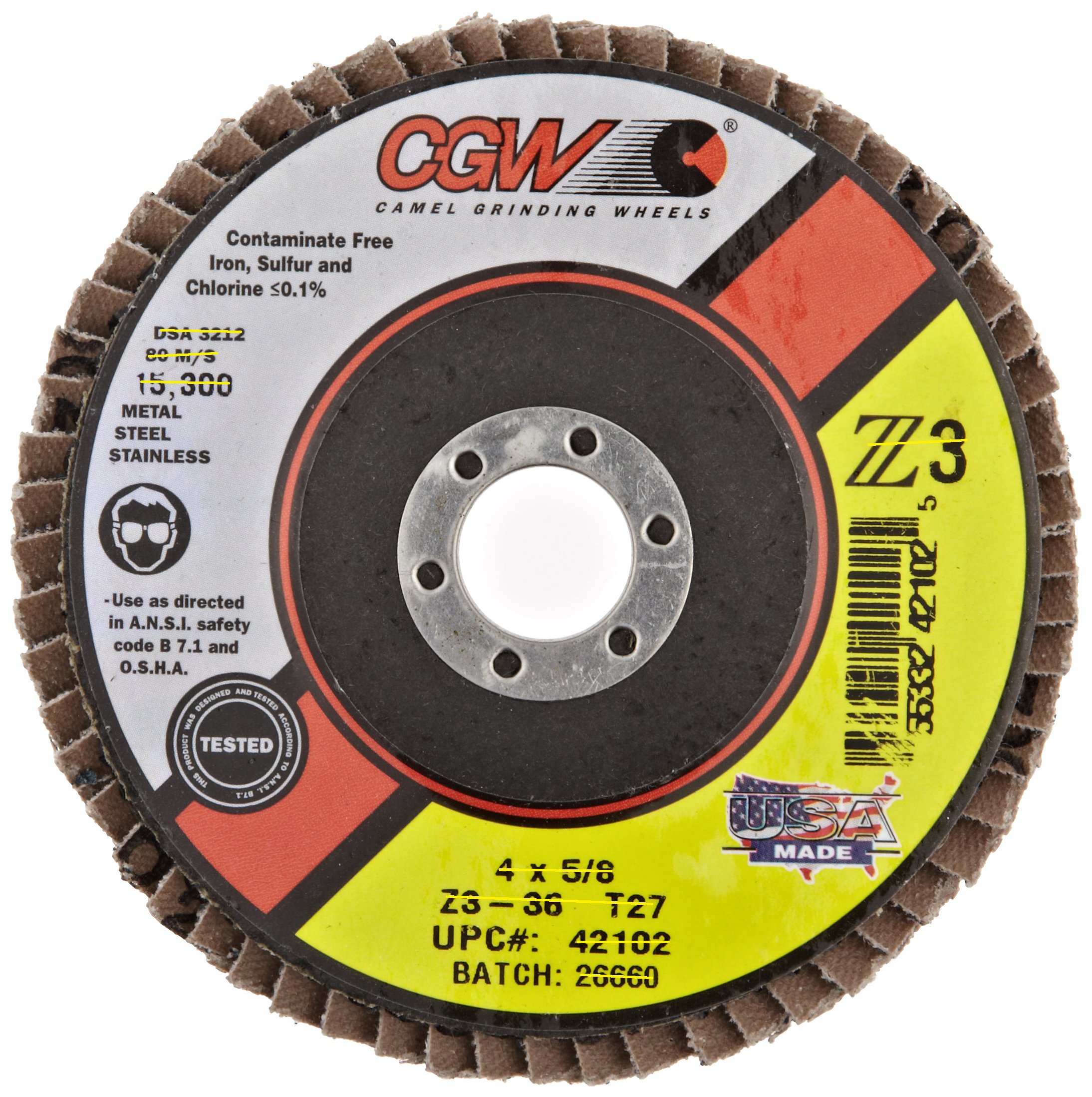 42102 Premium Z3 Right Angle Grinder Abrasive Flap Disc, Type 27, Zirconia, 4" Diameter, 36 Grit, 5/8" Arbor