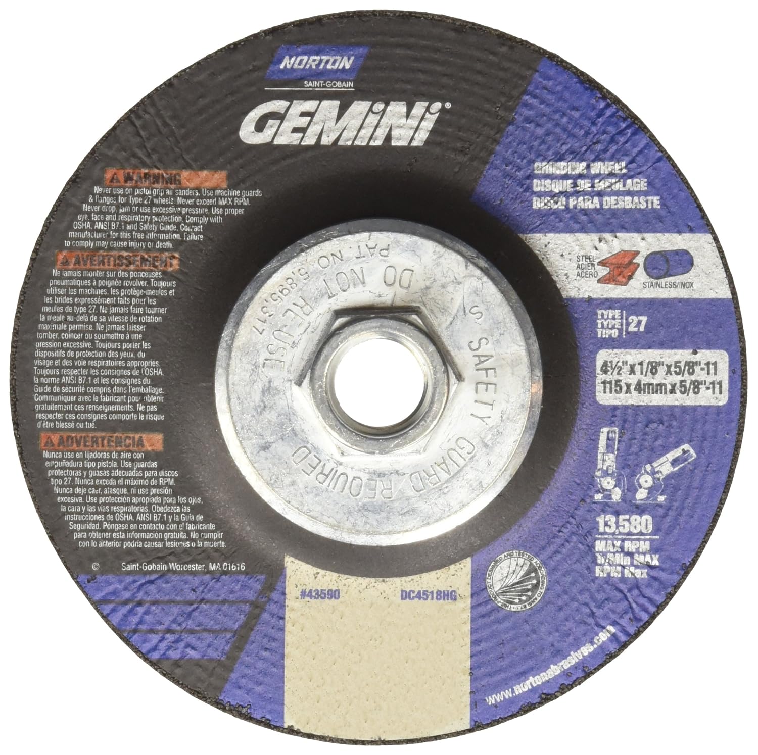 Norton Gemini Depressed Center Abrasive Wheel, Type 27, Aluminium Oxide, 5/8"-11 Hub