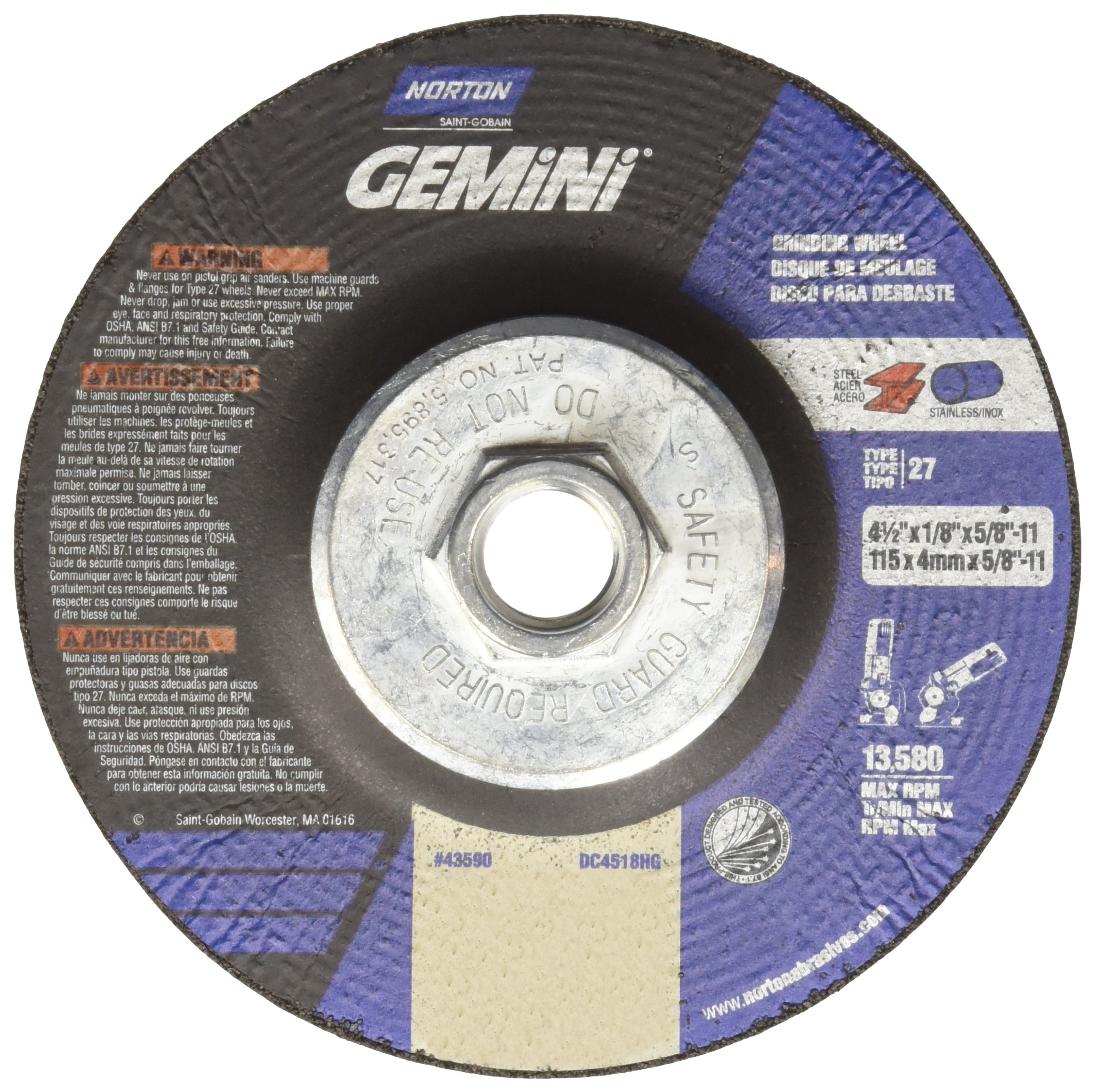 Norton Gemini Depressed Center Abrasive Wheel, Type 27, Aluminium Oxide, 5/8"-11 Hub