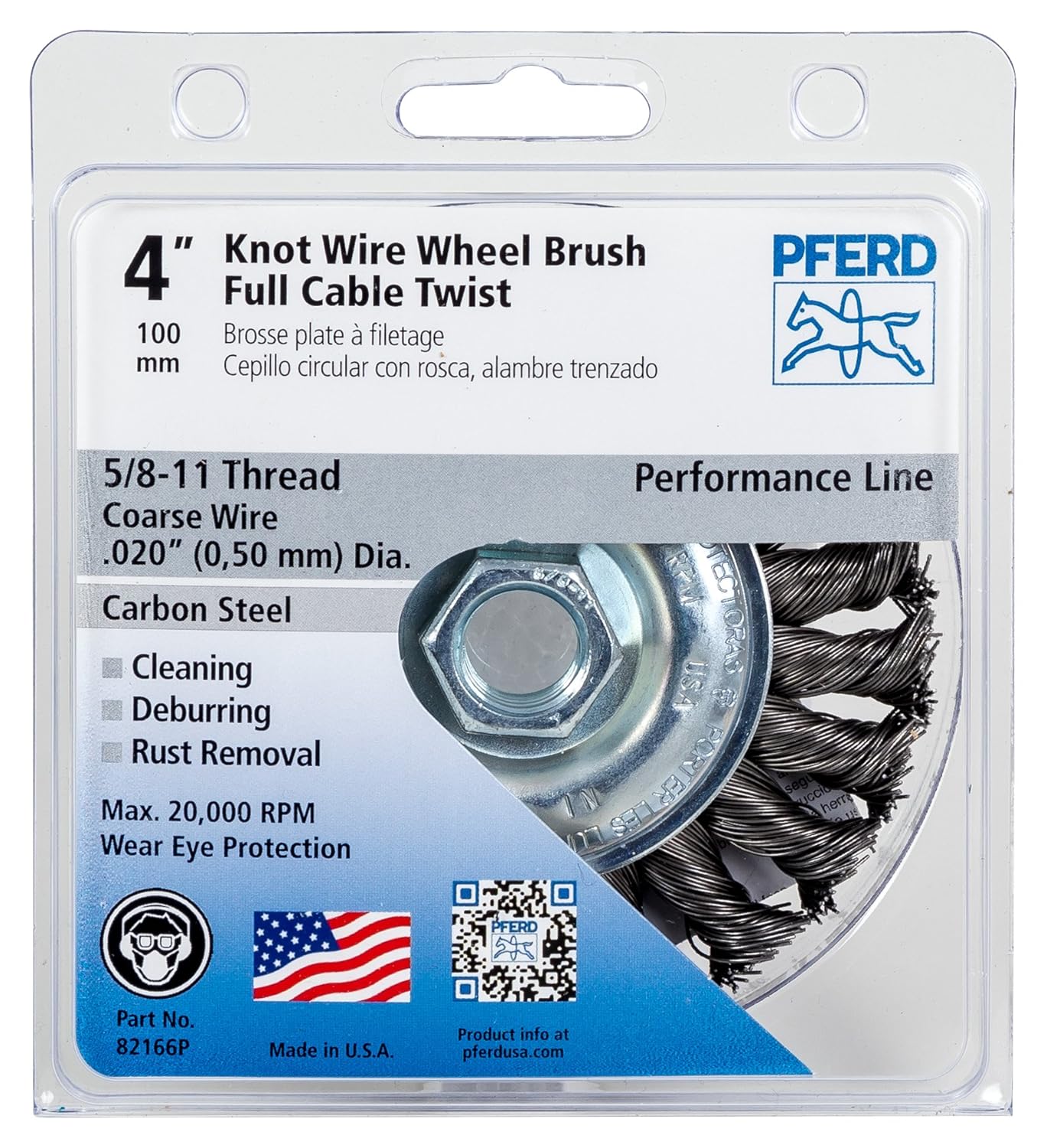 PFERD 82166P Full Cable Twist Knot Wheel Brush, Carbon Steel Wire, 4" Diameter, 5/8-11 Thread, 0.020 Wire Size