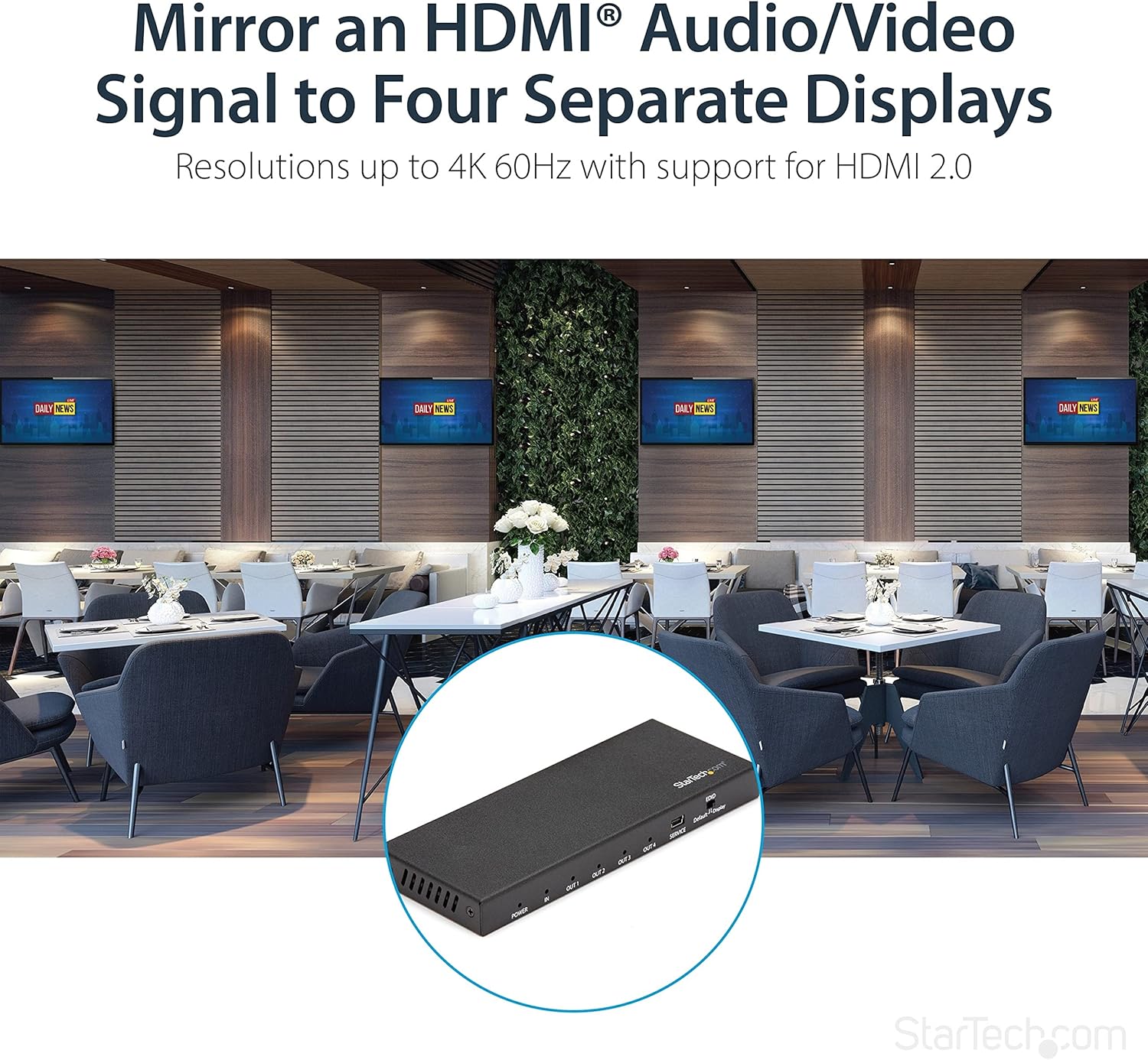 StarTech.com HDMI Splitter - 4-Port - 4K 60Hz - HDMI Splitter 1 In 4 Out - 4 Way HDMI Splitter