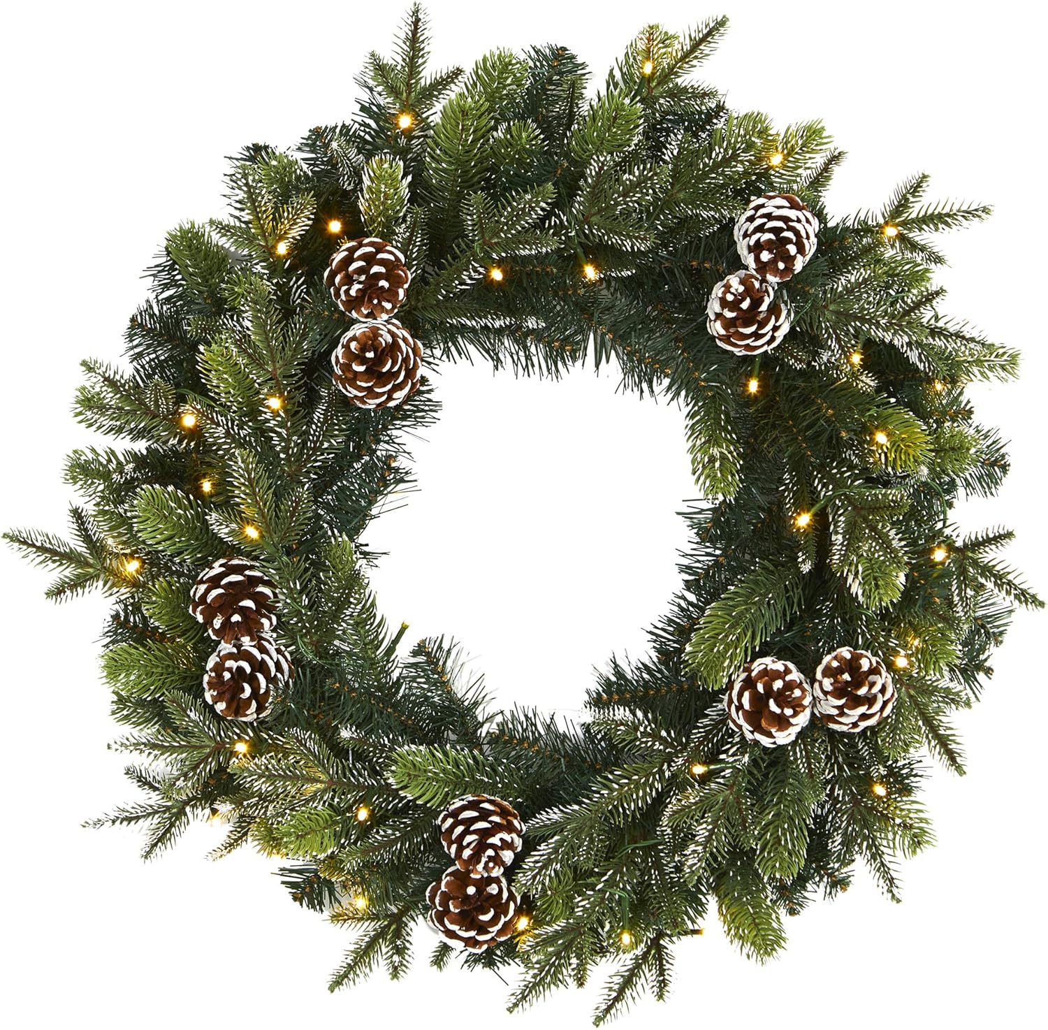 Nearly Natural 24in. Snowed Pinecone Artificial Christmas Wreath with 35 Clear LED Lights, Green, 5x24x24