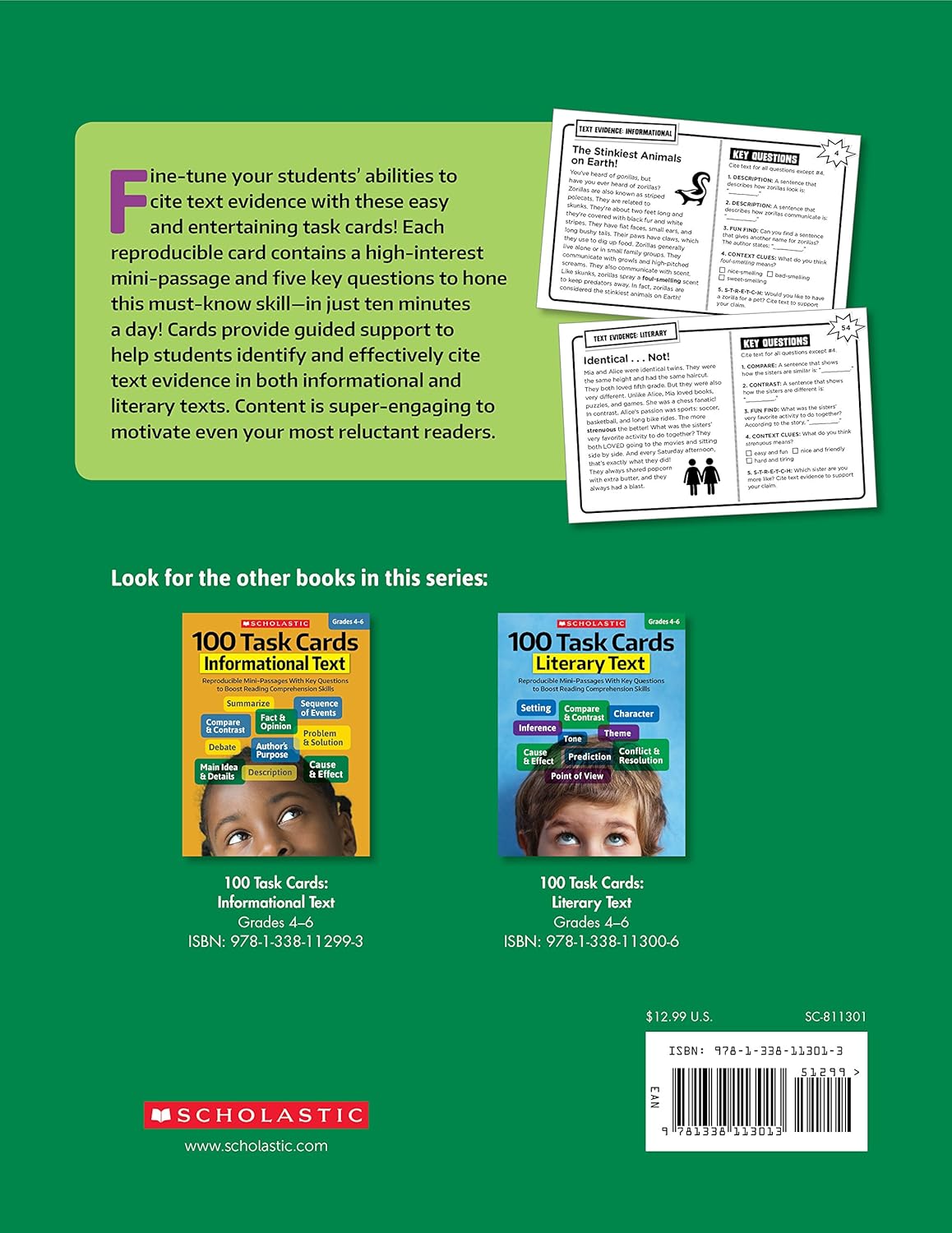 100 Task Cards: Text Evidence: Reproducible Mini-Passages With Key Questions to Boost Reading Comprehension Skills