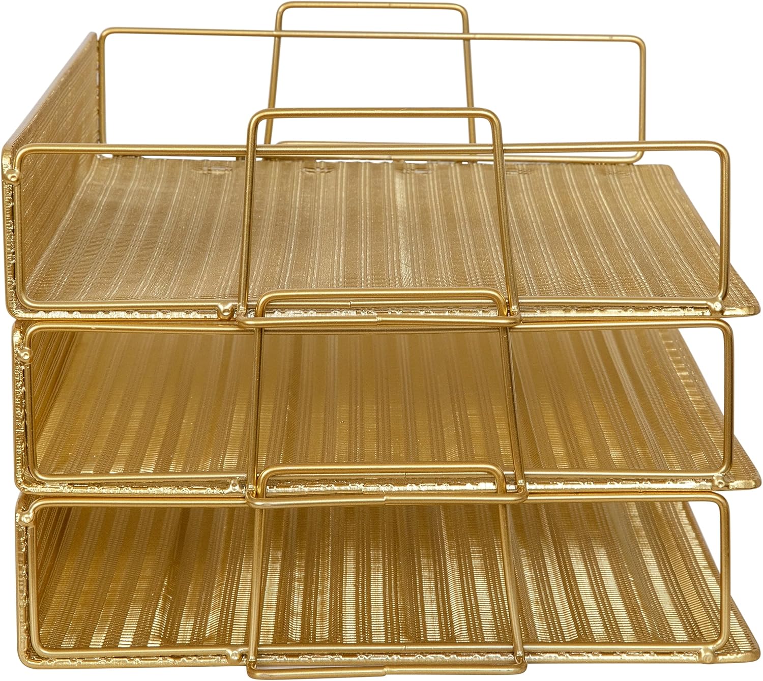 Martha Stewart Ryder 3 Tier Desk Letter Tray Organizer, Stackable Steel Mesh Inbox Tray for Files, Papers, or Letters, Gold