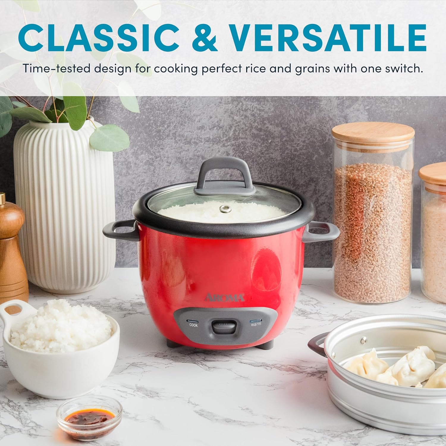 Aroma Housewares ARC-743-1NGR 6-Cup (Cooked) (3-Cup UNCOOKED) Pot Style Rice Cooker and Food Steamer,Red Red Steamer