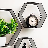 Mind Reader Hexagon Floating Shelves, Wall Decor, Honeycomb Accent Shelf, Office, Metal Mesh, 14" L x 4" W x 12" H, Set of 3, Black