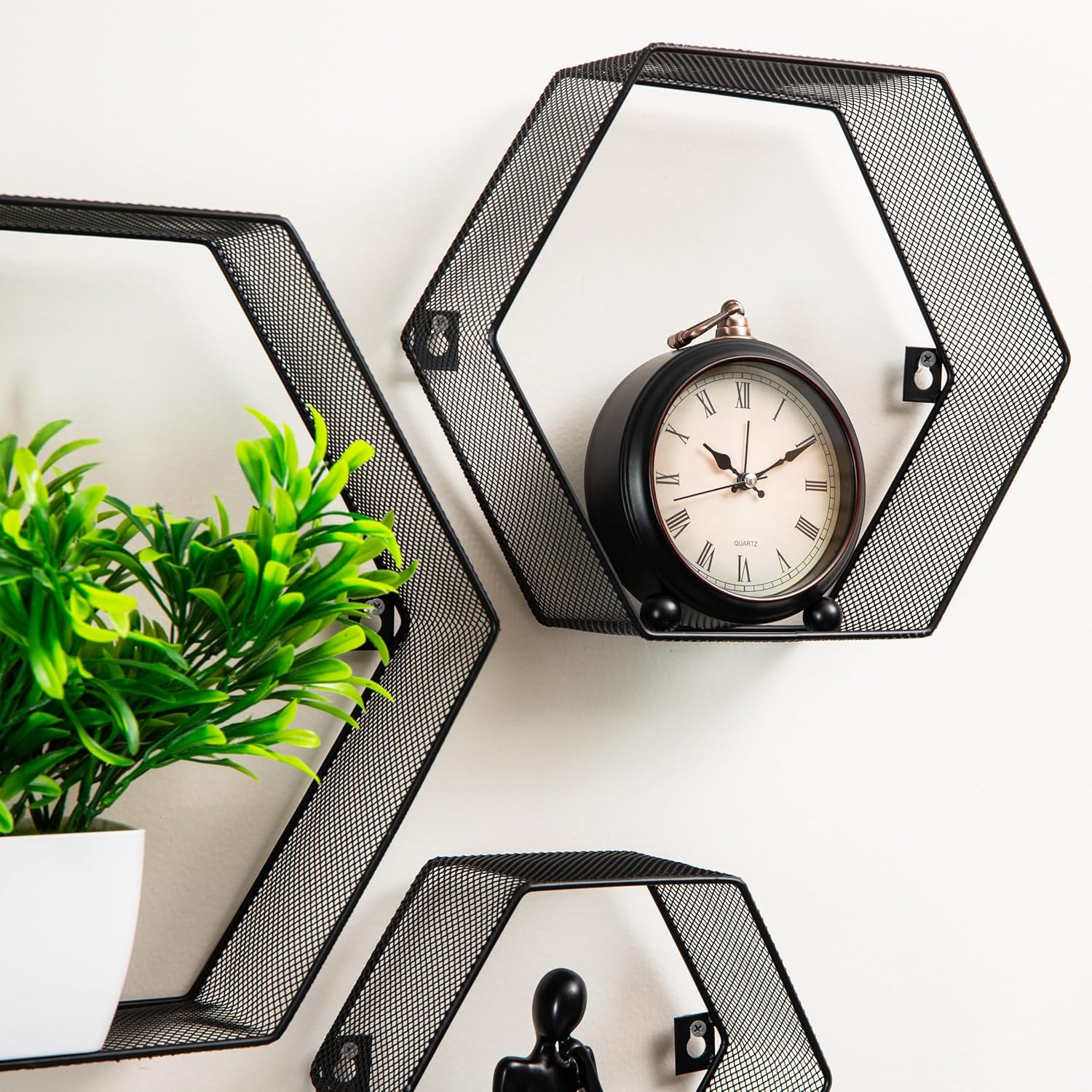 Mind Reader Hexagon Floating Shelves, Wall Decor, Honeycomb Accent Shelf, Office, Metal Mesh, 14" L x 4" W x 12" H, Set of 3