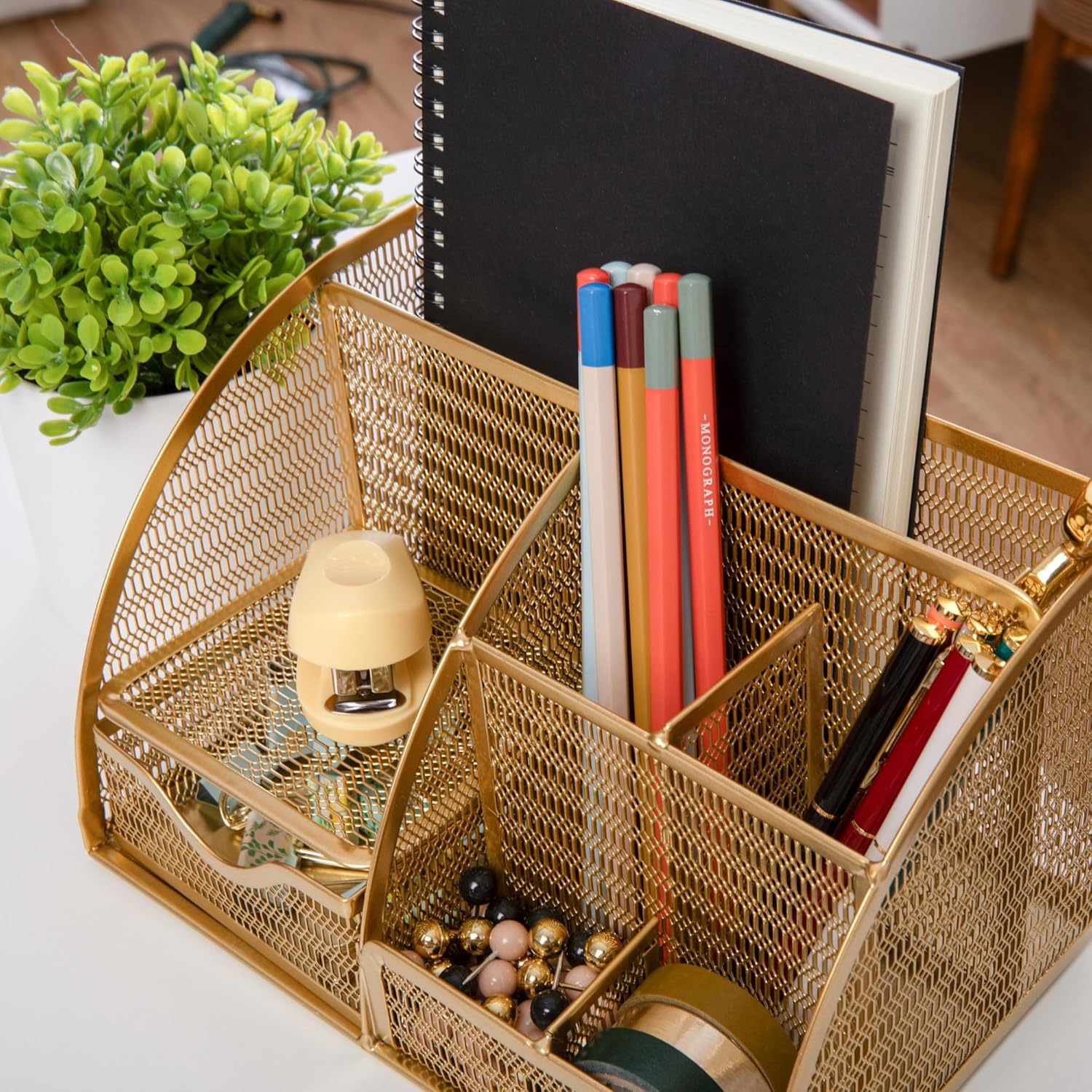 Martha Stewart Ryder Mesh Metal Small Desktop Organizer With Pen Holder And Drawer, 5inH x 8-3/4inW x 5-1/2inD, Gold