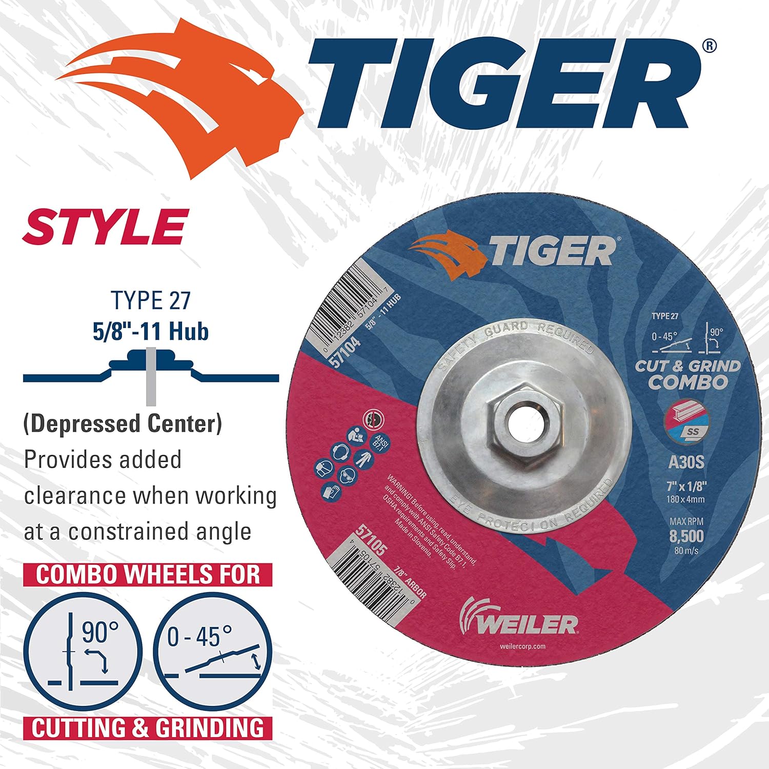 WEILER 7" x 1/8" Tiger Type 27 Cut and Grind Combo Wheel A30S