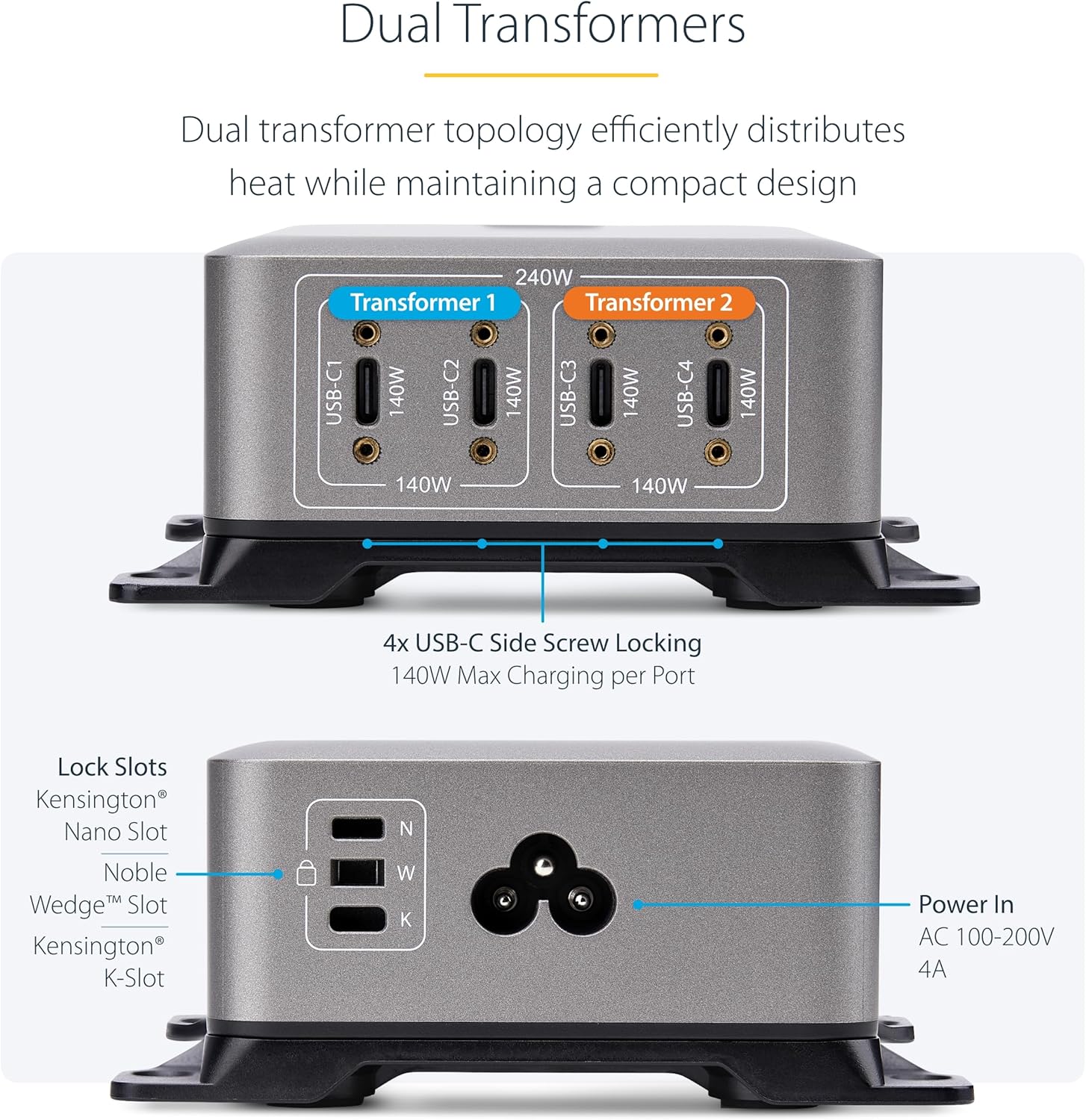 StarTech.com 4-Port Multi-Device USB-C Charger with Cable Lock and Screw-Locking 6ft (2m) USB-C Charging Cable, 240W Total