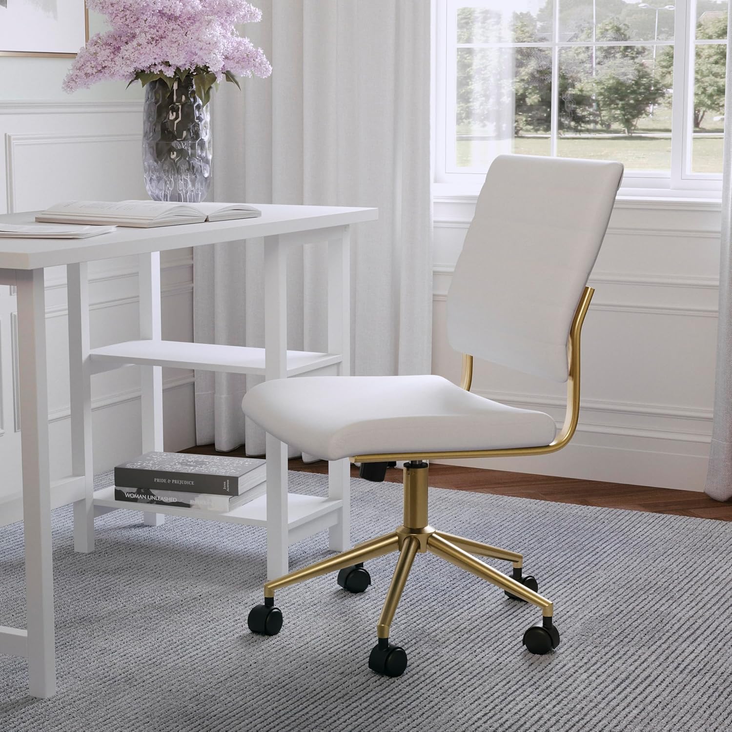 Martha Stewart Ivy Armless Swivel Task Chair in Faux Leather with Polished Brass Frame
