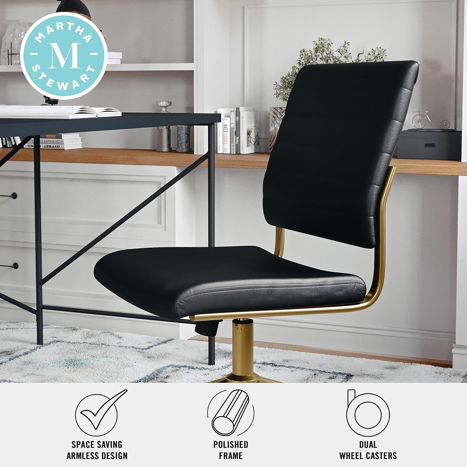 Martha Stewart Ivy Armless Swivel Task Chair in Faux Leather with Polished Brass Frame