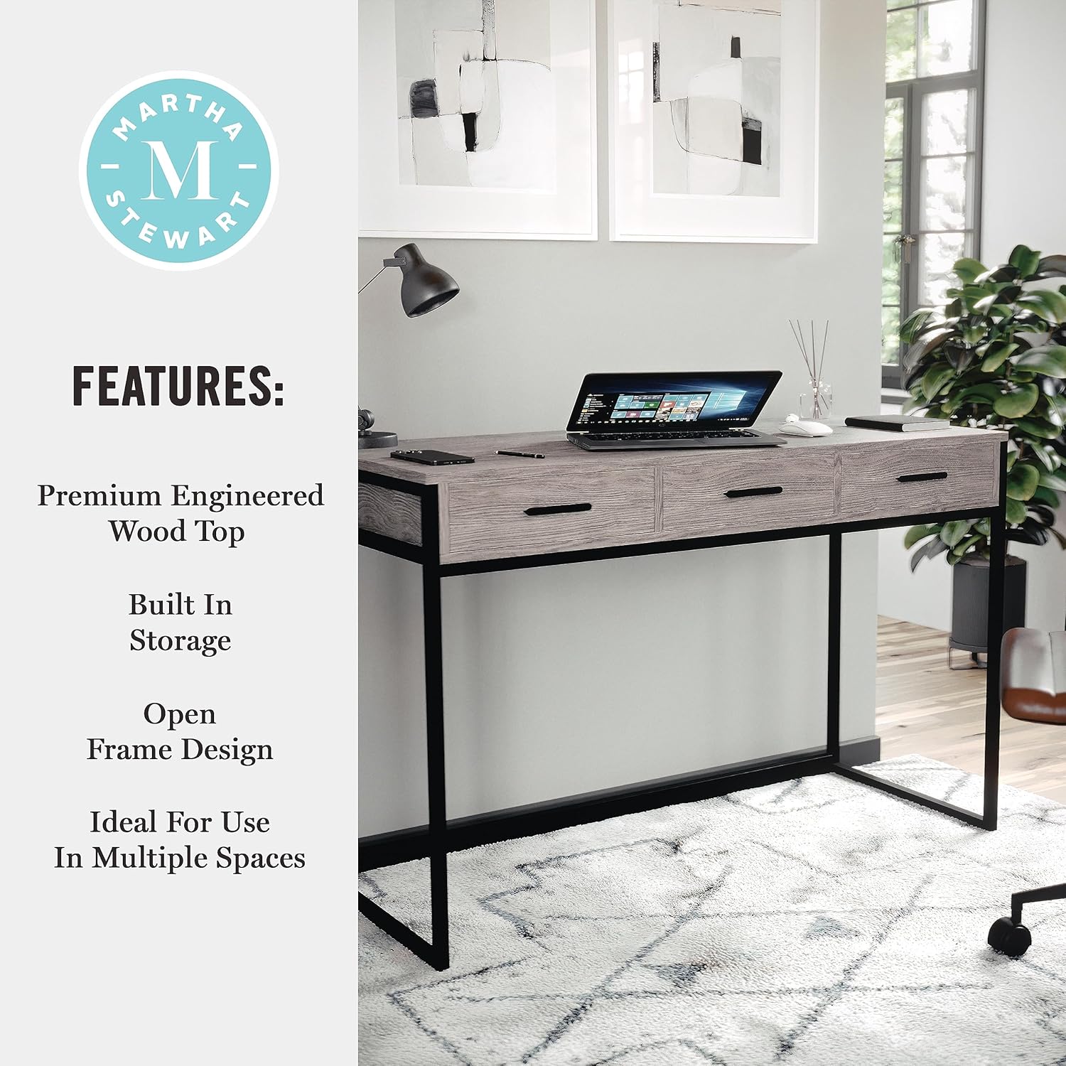 Martha Stewart Ollie Home Office Desk with 3 Drawers