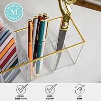 Martha Stewart Kerry Plastic 4 Compartment Pen Holder Office Desktop Organizer, with Gold Trim