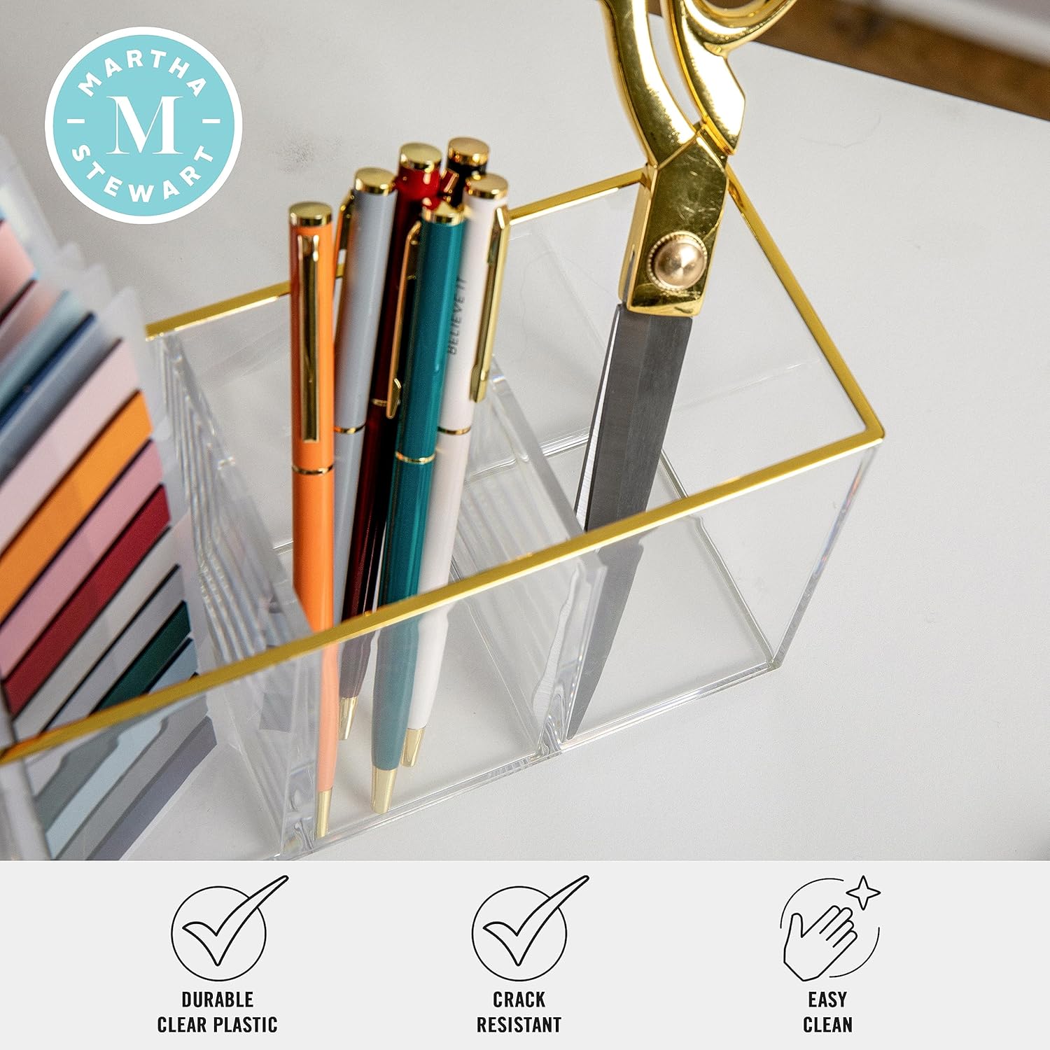 Martha Stewart Kerry Plastic 4 Compartment Pen Holder Office Desktop Organizer, with Gold Trim