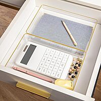 Martha Stewart Kerry Plastic Stackable Office Desk Drawer Organizers with Gold Trim