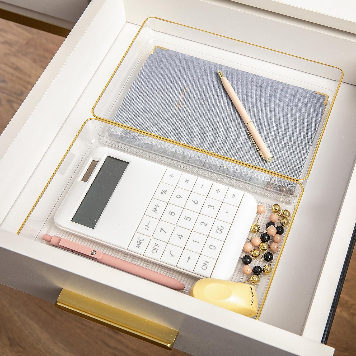 Martha Stewart Kerry Plastic Stackable Office Desk Drawer Organizers with Gold Trim