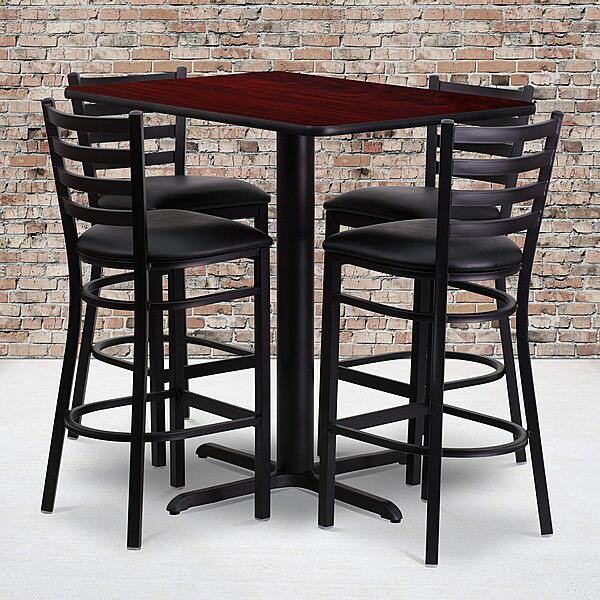 Flash Furniture 24''W x 42''L Rectangular Mahogany Laminate Table Set with 4 Ladder Back Metal Barstools