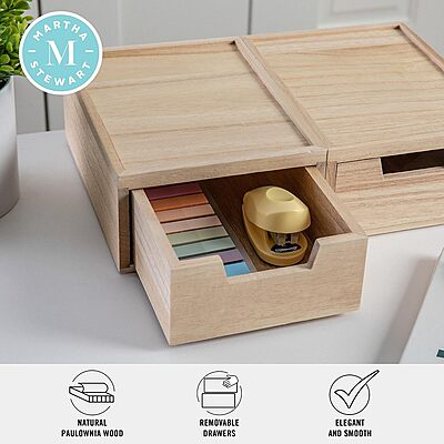 MARTHA STEWART Weston Stackable Wooden Storage Boxes with Pullout Drawers, Paulownia Wood Organizers