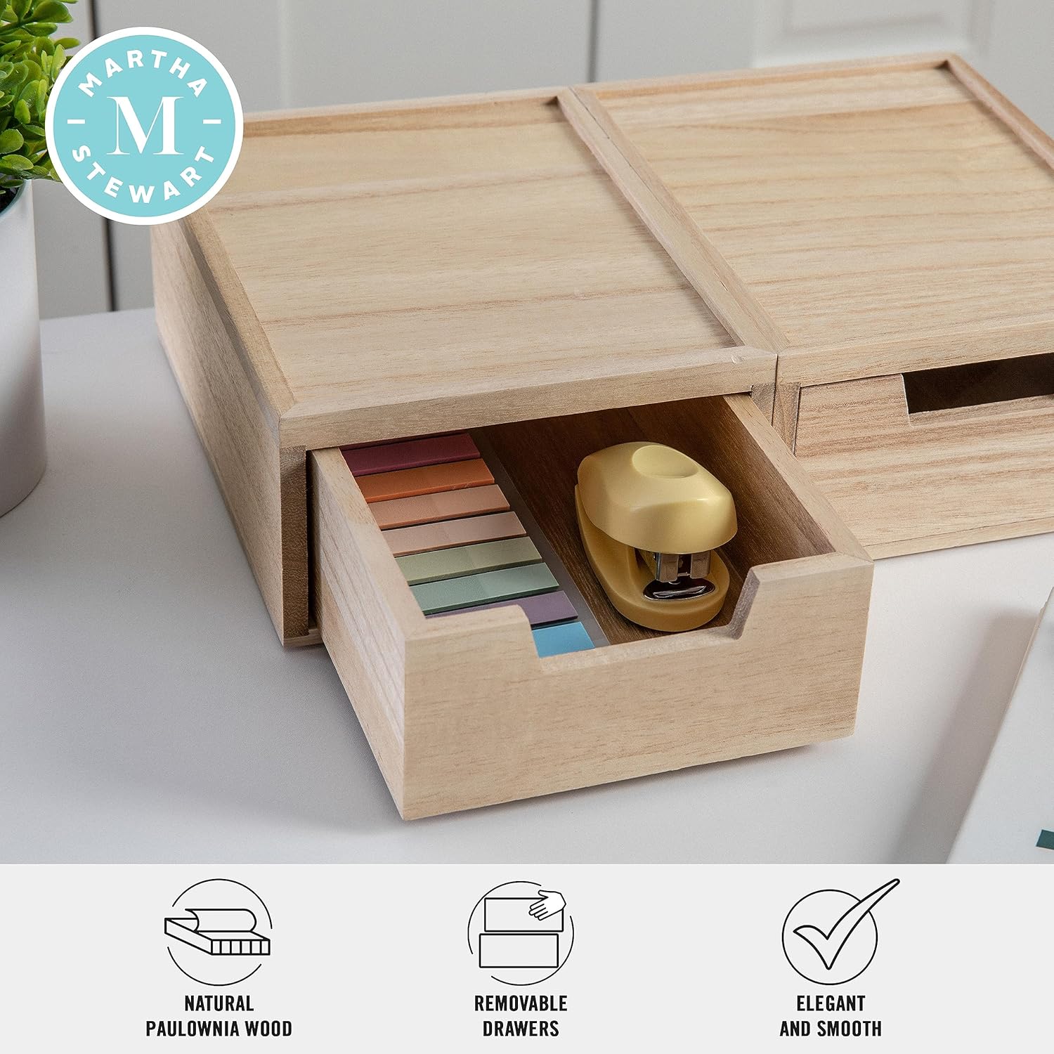 MARTHA STEWART Weston Stackable Wooden Storage Boxes with Pullout Drawers, Paulownia Wood Organizers