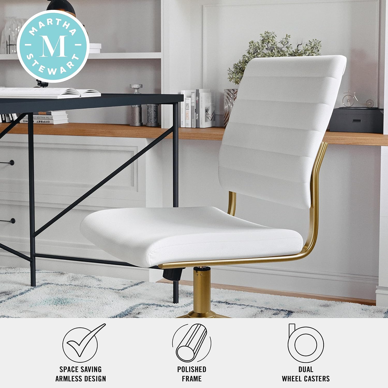 Martha Stewart Ivy Armless Swivel Task Chair in Faux Leather with Polished Brass Frame