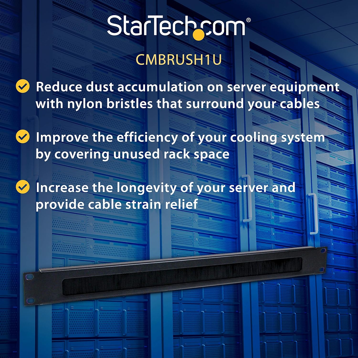 StarTech.com 1U High-density Brush Strip Cable Management Panel, Sturdy Steel Horizontal Data Centre Cable Organizer