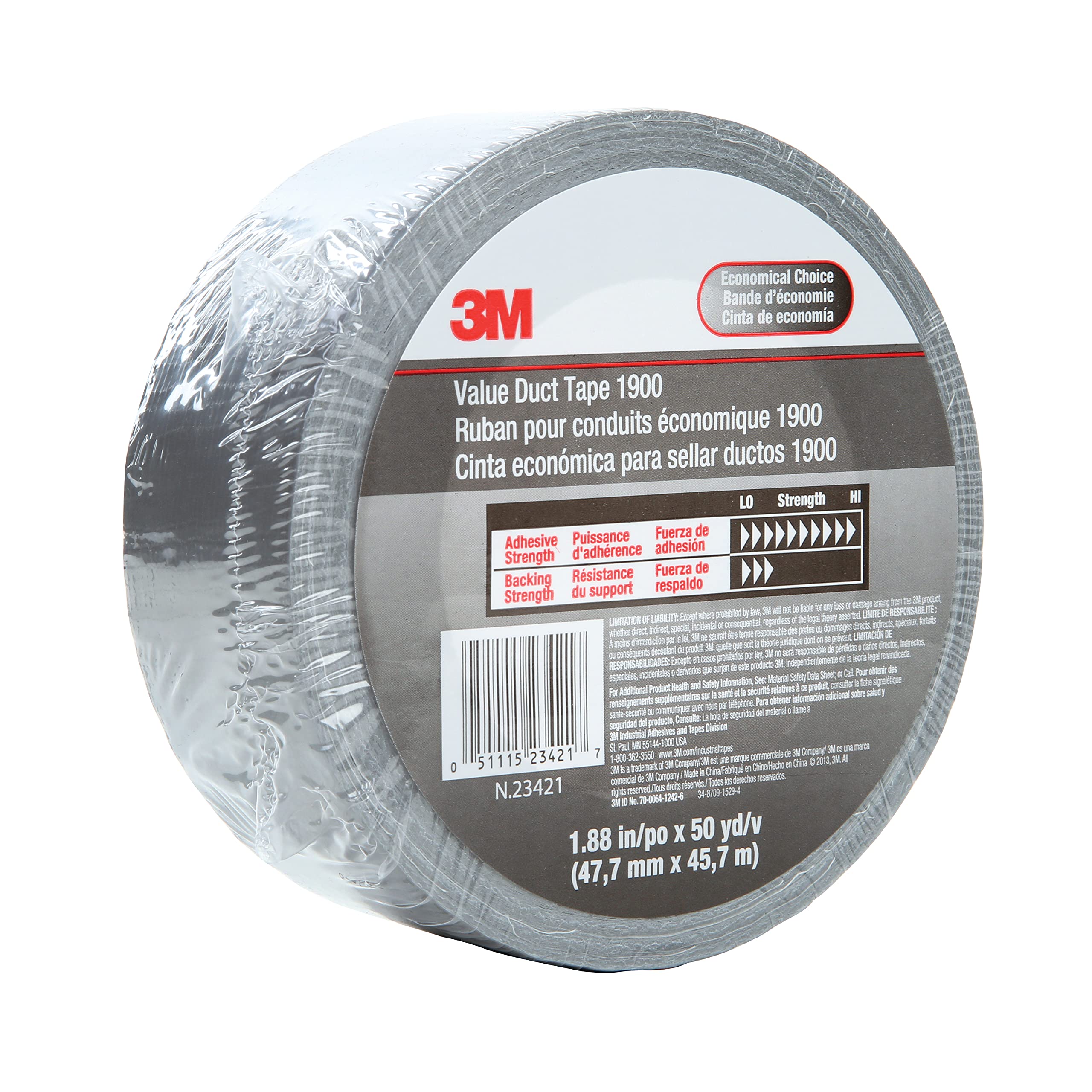 3M Value Duct Tape 1900, Silver Color, Thin Duct Tape, High Tack Adhesive, Moisture Resistant, 1.88 in x 50 yd, 5.8 mil