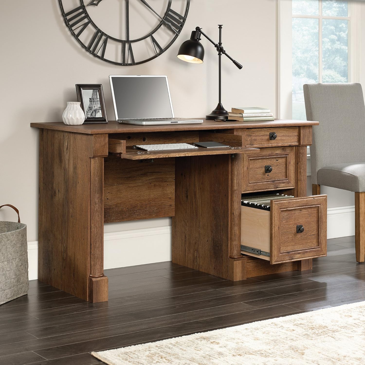 Sauder Palladia Computer Desk with Drawers, Home Office Desk with File Cabinet Storage Drawer - Management, Keyboard Tray