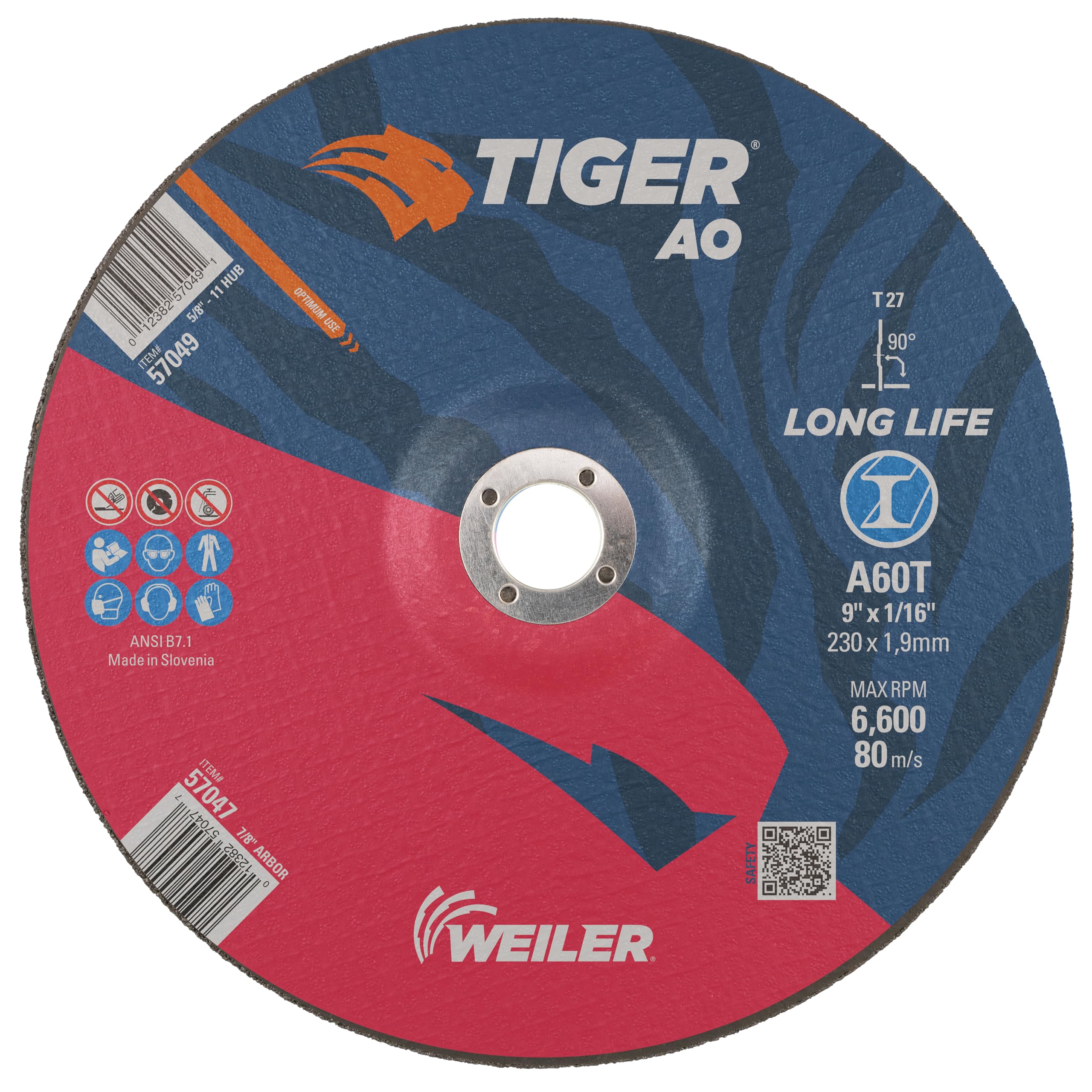 Weiler 57047 9 Inch Cutting Wheel, Tiger AO Steel/Metal Long Life Performance Cutting, 1/16" A60T Type 27 7/8" Arbor