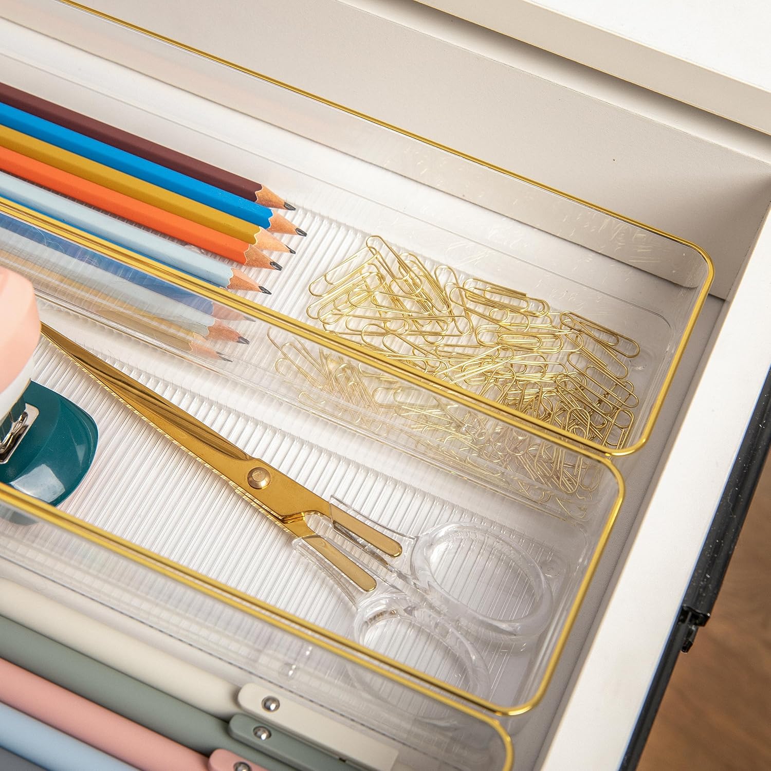Martha Stewart Kerry Plastic Stackable Office Desk Drawer Organizers with Gold Trim