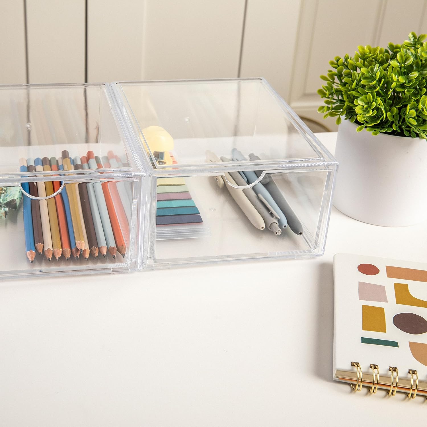 Martha Stewart Brody Desk Organizer with Drawers, Stackable Plastic Storage Box