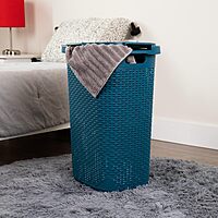 Mind Reader 60L Slim Laundry Hamper with Lid, Wicker-Style Plastic