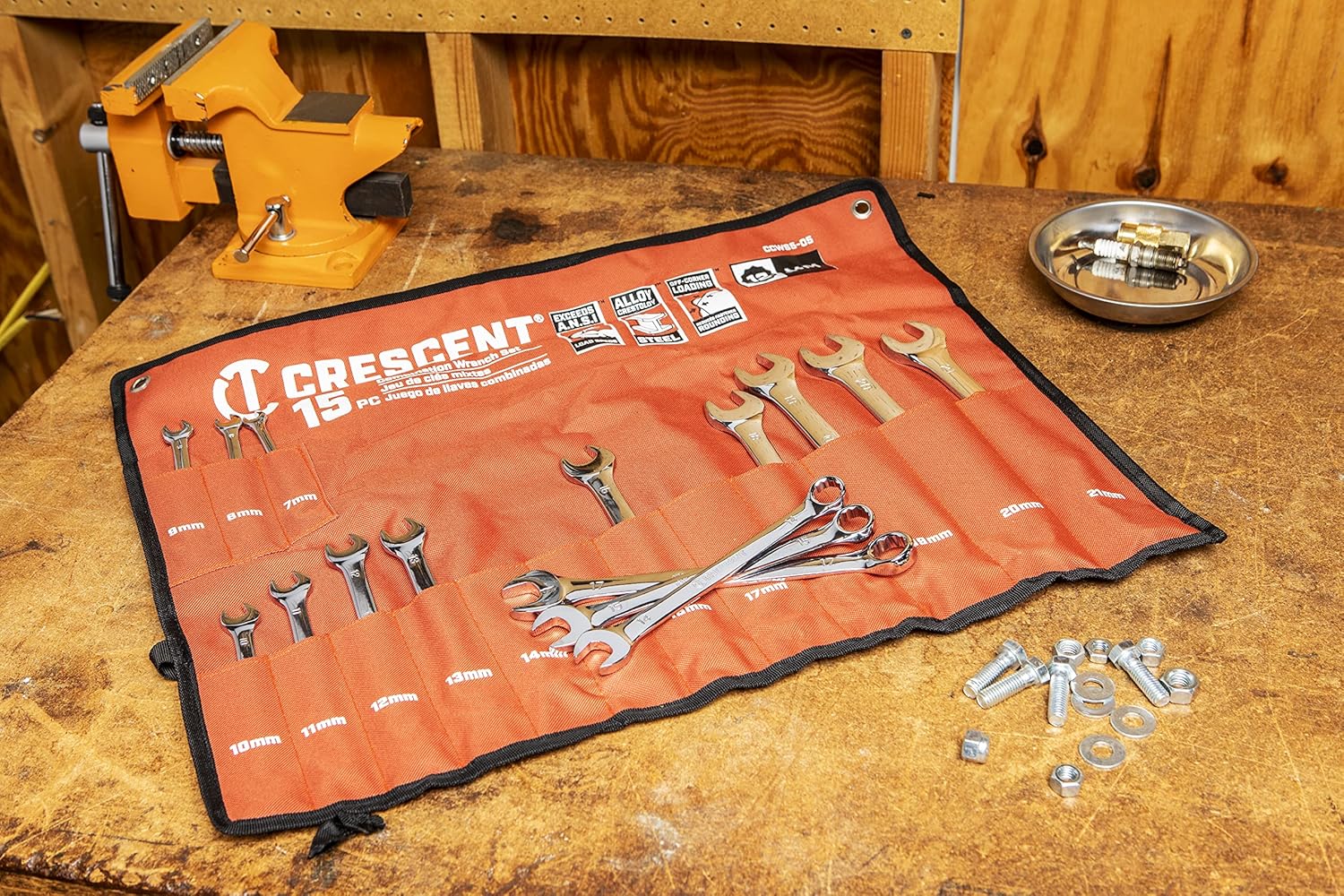 Crescent 15 Piece 12 Point Metric Combination Wrench Set with Tool Roll - CCWS5-05