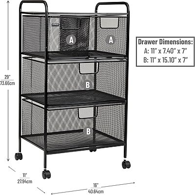 MIND READER Metal Mesh Rolling Storage Cart with Removable Drawers