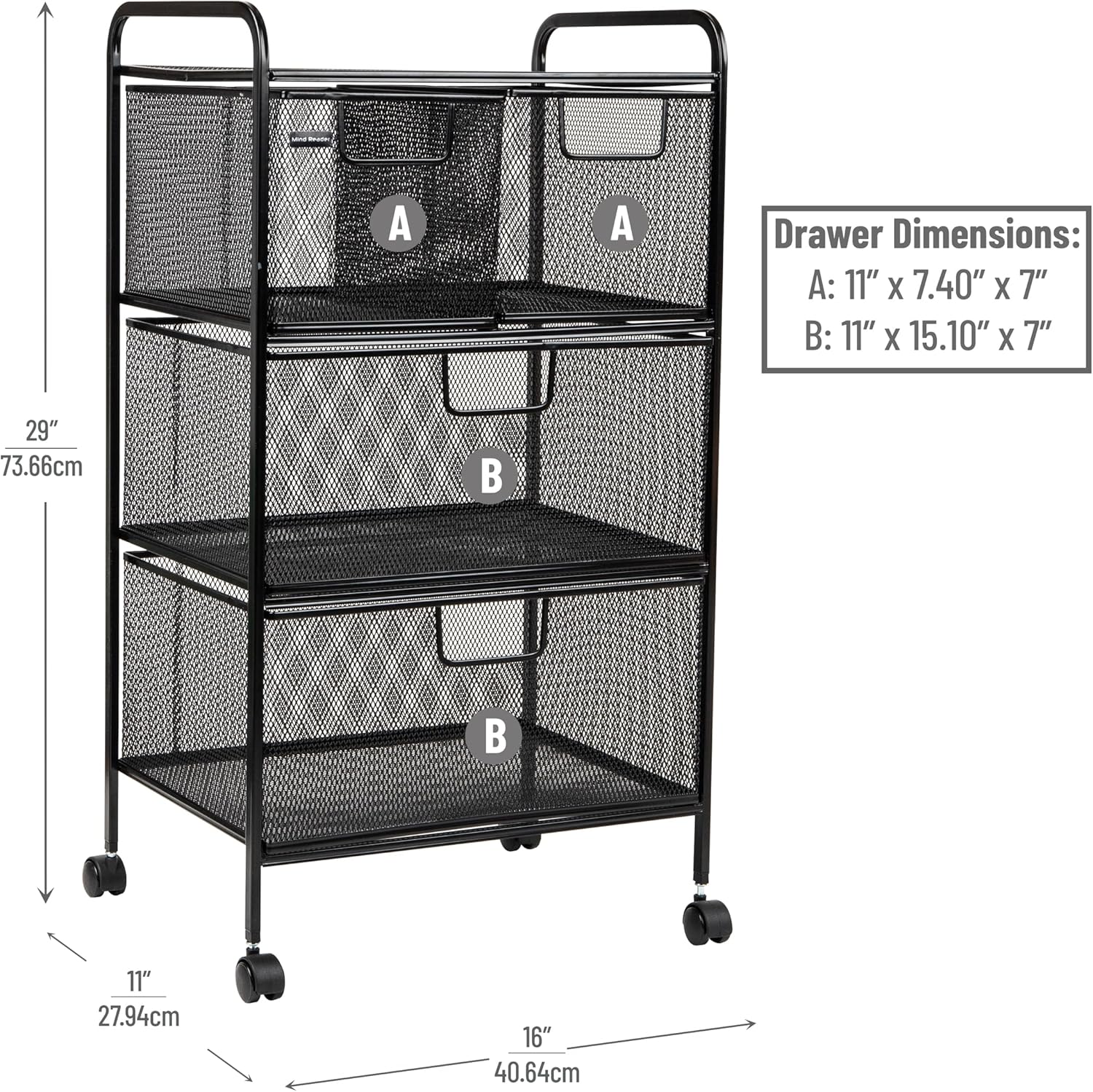 MIND READER Metal Mesh Rolling Storage Cart with Removable Drawers