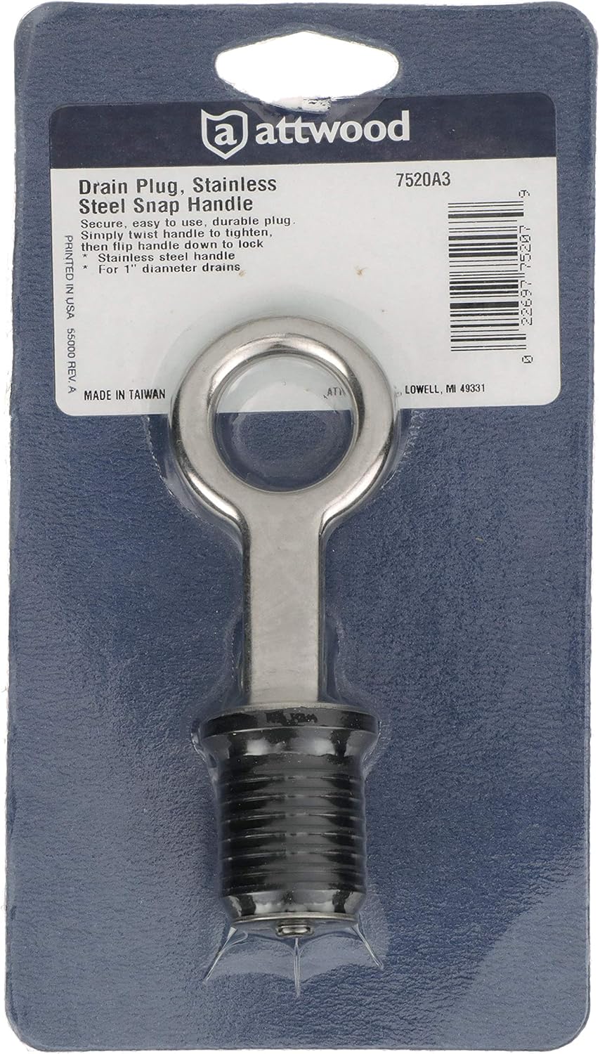 Attwood 7520A3 Snap-Handle Drain Plug, for 1-Inch-Diameter Drains, Locks in Place, Steel Handle, Rubber Plug