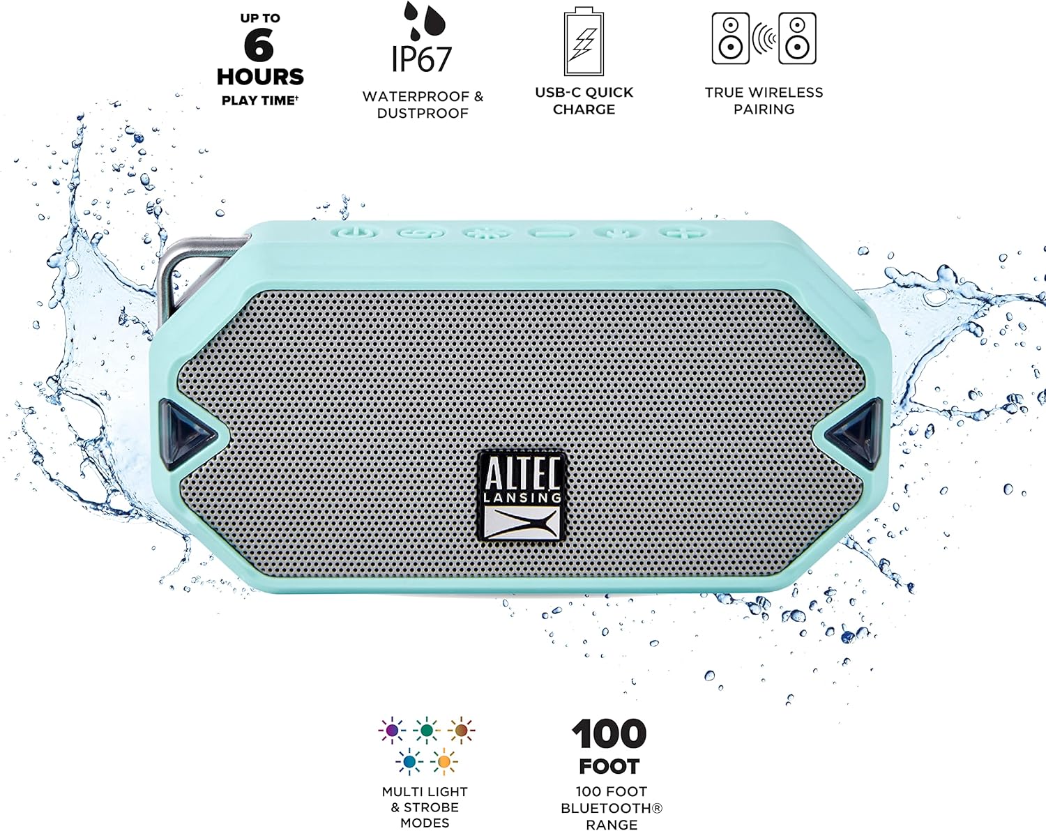 Altec Lansing HydraMini Wireless Bluetooth Speaker, IP67 Waterproof, USB-C Rechargeable