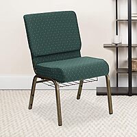Flash Furniture HERCULES Series 21''W Church Chair in Hunter Green Dot Patterned Fabric with Book Rack - Gold Vein Frame
