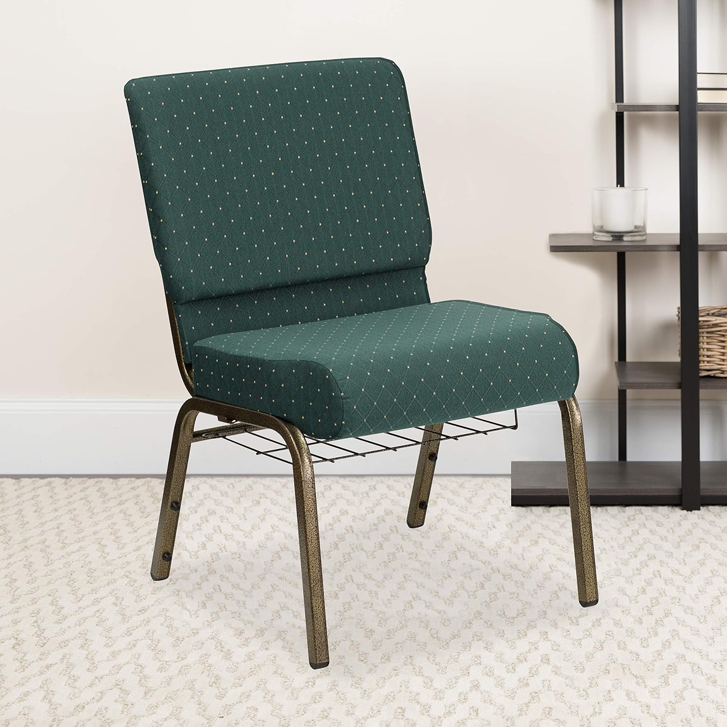 Flash Furniture HERCULES Series 21''W Church Chair in Hunter Green Dot Patterned Fabric with Book Rack - Gold Vein Frame