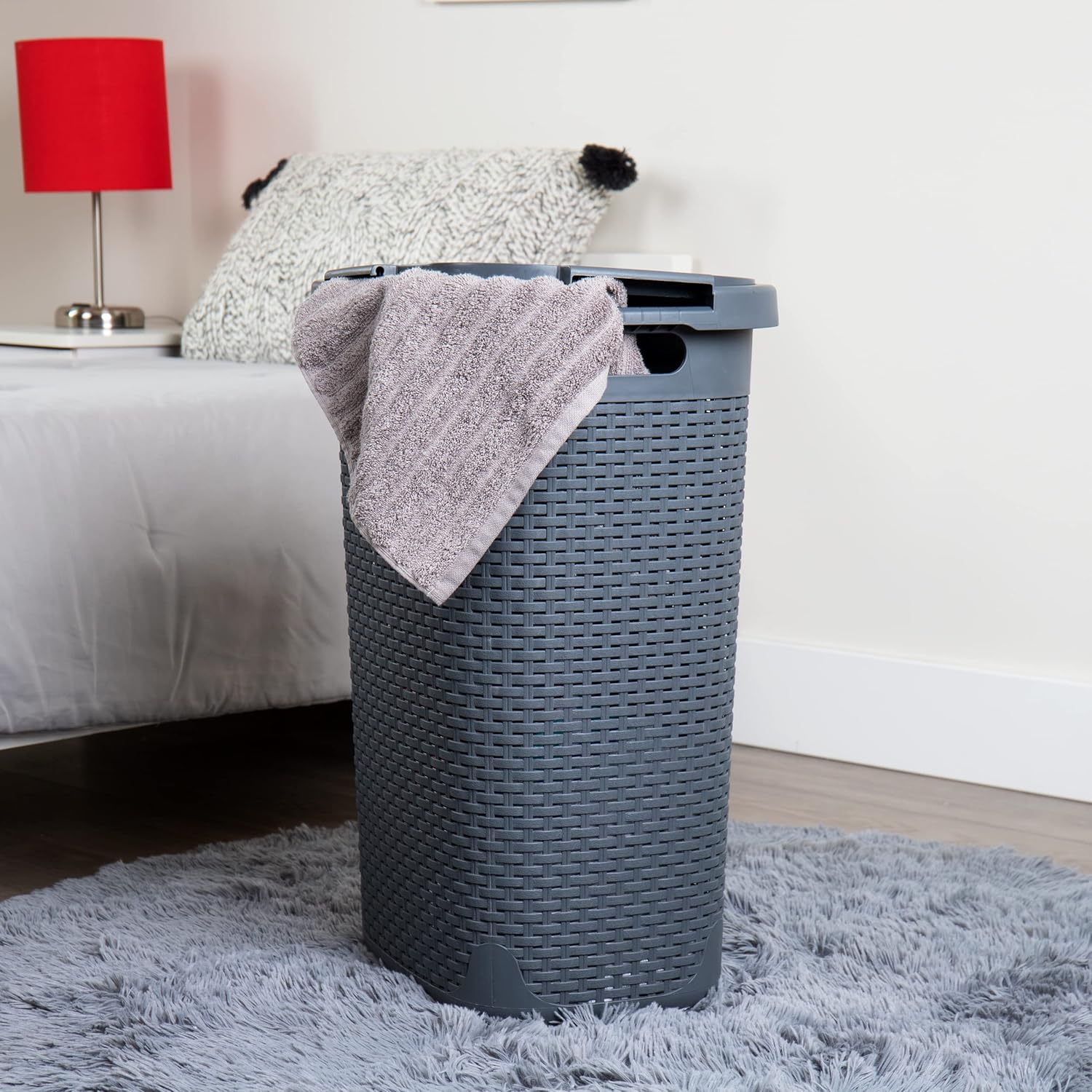 MIND READER Slim Laundry Hamper with Lid, 60L Wicker-Style Plastic